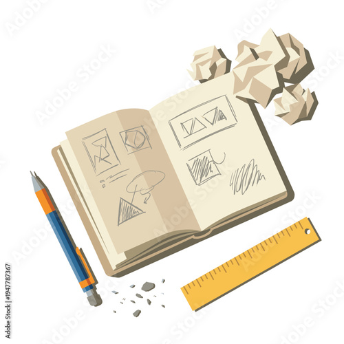 Creative Sketchbook Pencil and Ruler for Graphic Design Process