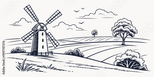 A black and white drawing of a windmill Vector