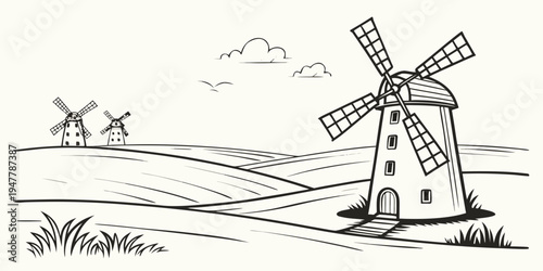 A windmill standing in a field with other windmills Vector