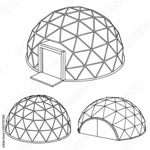Vector illustration icons of geodesic dome structures in various stages of complexity on a white background