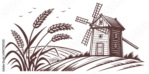 A brown windmill on a hill with wheat plants Vector