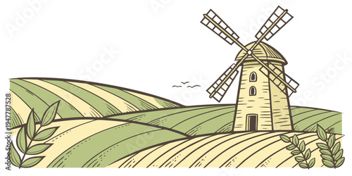 A windmill standing in a field with rows of crops Vector