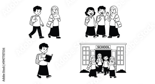 Diverse group of children walking to school illustrated in black and white