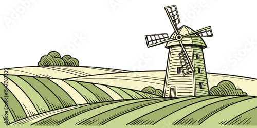 A windmill standing in a green field with rows of crops Vector