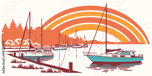 Boats are moored in a harbor at sunset Vector