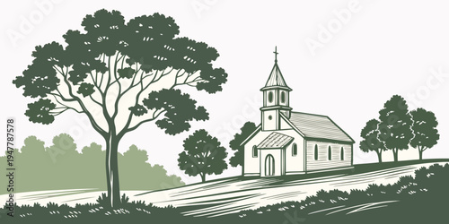 A church with a steeple and trees on a hill Vector