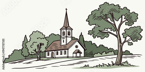 A white church with a brown roof and steeple Vector