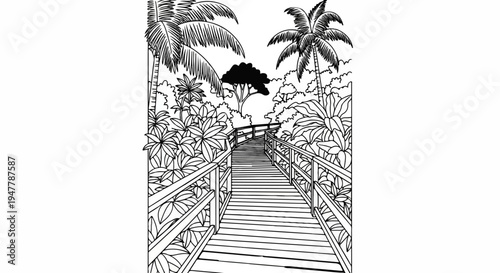 Wooden walkway winds through lush tropical foliage under palm trees