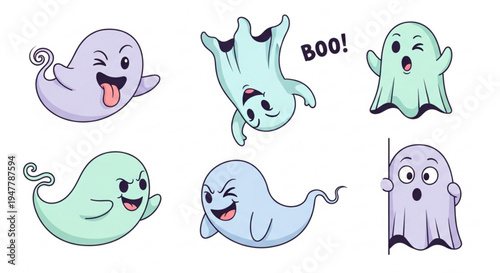 Collection of six cute cartoon ghosts with various expressions, perfect for Halloween or spooky-themed designs