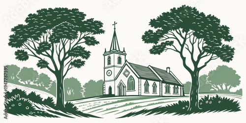 A church with a steeple and trees in the countryside Vector