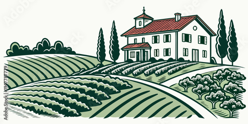 A large house on top of a hill with a vineyard Vector