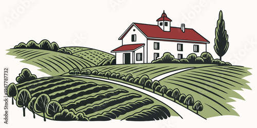 A white house with a red roof sits on a hill overlooking a vineyard Vector