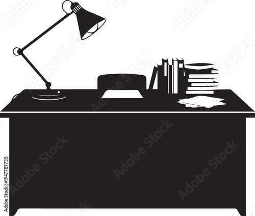 Office desk with lamp books and papers at workspace vector silhouette illustration graphic