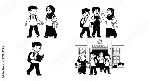 Diverse group of children walking to school illustrated in black and white