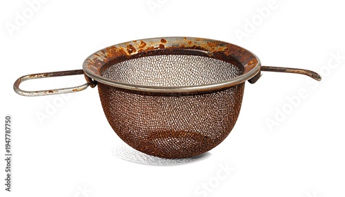 A rusty metal colander with two handles