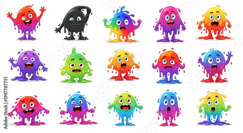 A vibrant collection of whimsical, dripping goo monsters displaying a spectrum of funny and shocked emotions, illustrating the concept of diverse character expressions and colorful personality