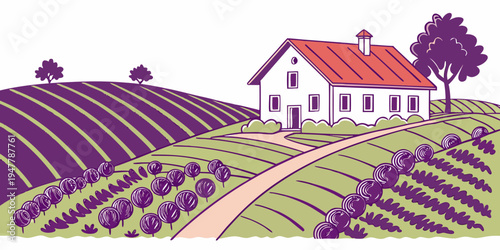 A white house with a red roof in a lavender field Vector