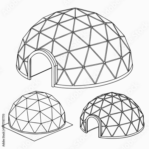 Vector illustration icons of geodesic dome structures in various stages of complexity on a white background