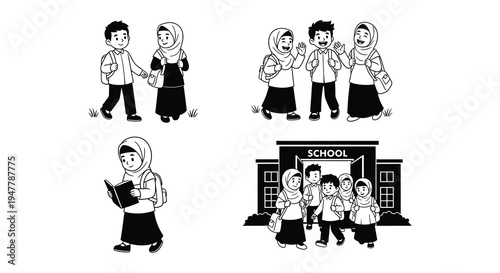 Diverse group of children walking to school illustrated in black and white