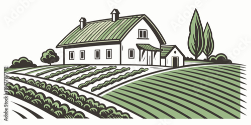 A white house with a green roof on a farm with rows of crops Vector