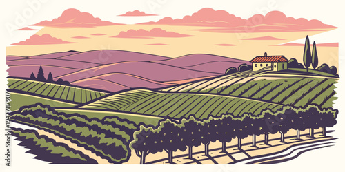 A serene vineyard landscape at sunset with rolling hills Vector