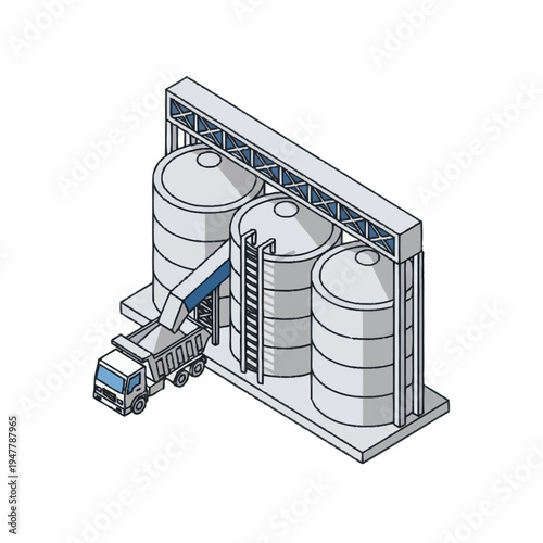 Isometric illustration of a grain elevator with a truck.