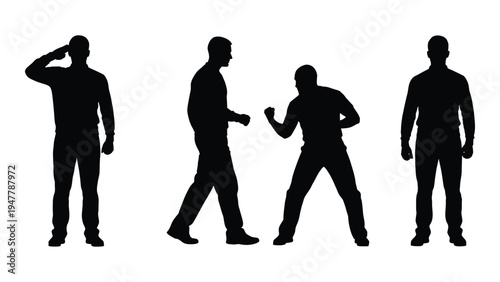 Four black silhouettes of men in different poses