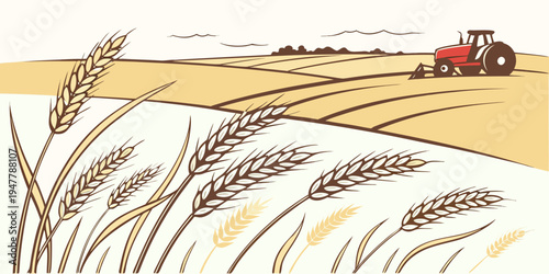 A red tractor plowing a field with wheat Vector