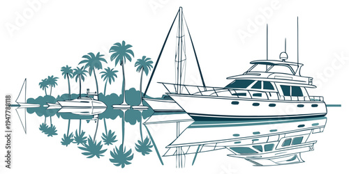A white boat sitting on a body of water near palm trees Vector