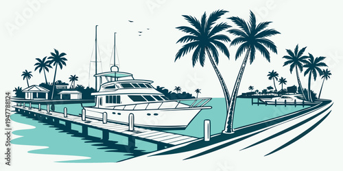A boat docked at a tropical pier with palm trees Vector