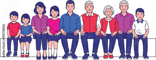 Extended Asian family sitting on bench cartoon vector illustration