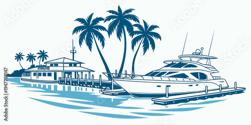 A yacht and palm trees on a tropical island Vector