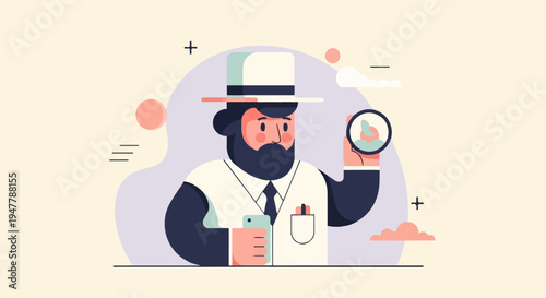 Man with hat and beard looking through a magnifying glass