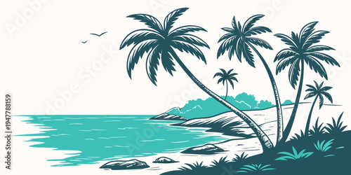 A tropical island with palm trees by the sea Vector