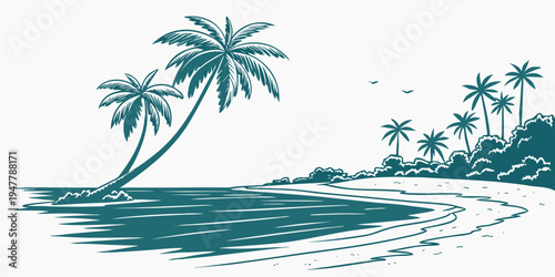 A tropical island with palm trees and a body of water Vector