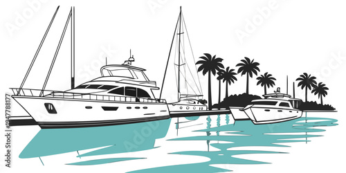 A white sailboat floats on calm waters near a palm tree lined shore Vector