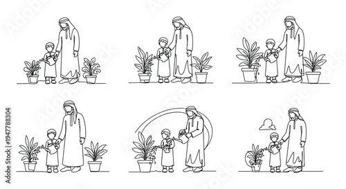 Line art illustration of arab families gardening with potted plants