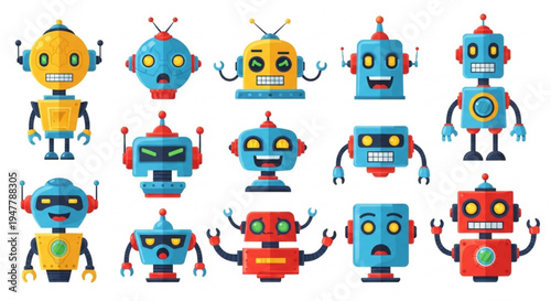 Collection of Diverse Cartoon Robot Faces with Various Expressions for Technology and AI Concepts