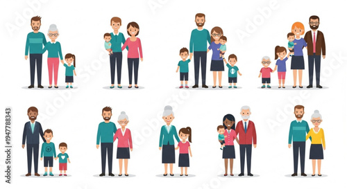 Diverse families, including multi-generational groups, are illustrated in a collection of flat vector art designs representing unity and connection across different age groups