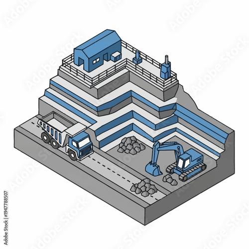 Isometric illustration of a quarry with a truck, excavator, and building on terraced levels.