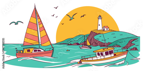A colorful sailboat and a tugboat near a lighthouse Vector