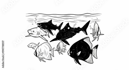 Underwater scene with various types of fish and sharks