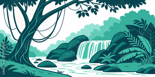 A scenic waterfall in a lush forest with a large tree Vector