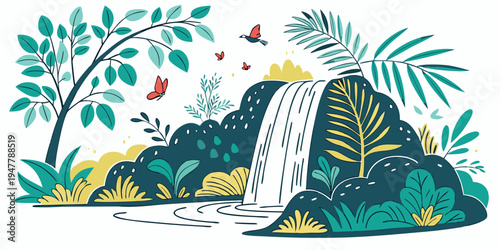 A waterfall surrounded by lush greenery and tropical plants Vector