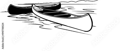 Two canoes float peacefully on a serene lake, mountains in the background