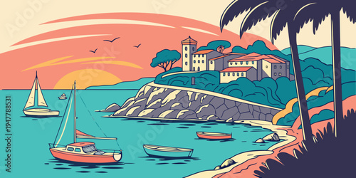 A serene tropical island with boats and palm trees at sunset Vector