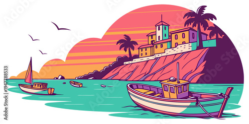 A colorful tropical island with boats and palm trees Vector