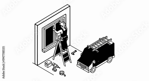 Worker installing window with tools and van