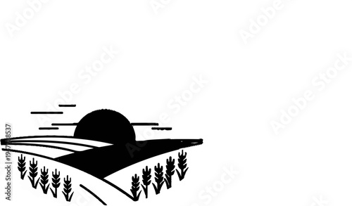 Stylized sunrise over rolling fields with crops