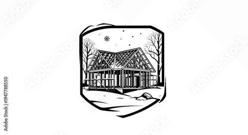 Unfinished house frame in winter with bare trees and snow